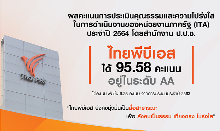 ไทยพีบีเอส ได้ 95.58 คะแนน ระดับ AA จากการประเมิน ITA ประจำปี 2564